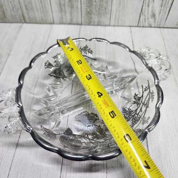 Vintage Silver City Silver Overlay Glass Flanders Divided Relish Dish Floral - Picture 5 of 7
